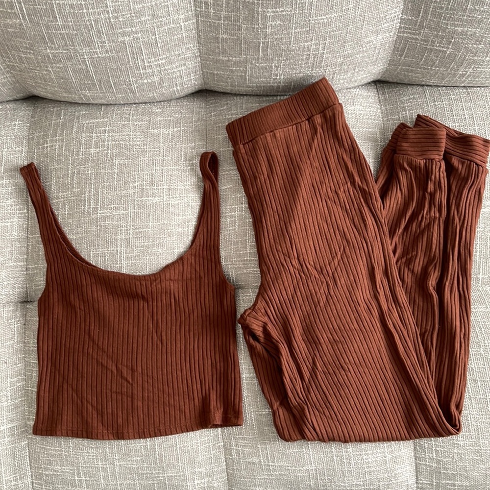 Reformation Ribbed Two-Piece Lounge Set in Rust Brown